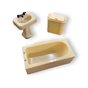 Vtg Renwal 3pc Dollhouse Bathroom Set Sink Bathtub Hamper Cream Plastic